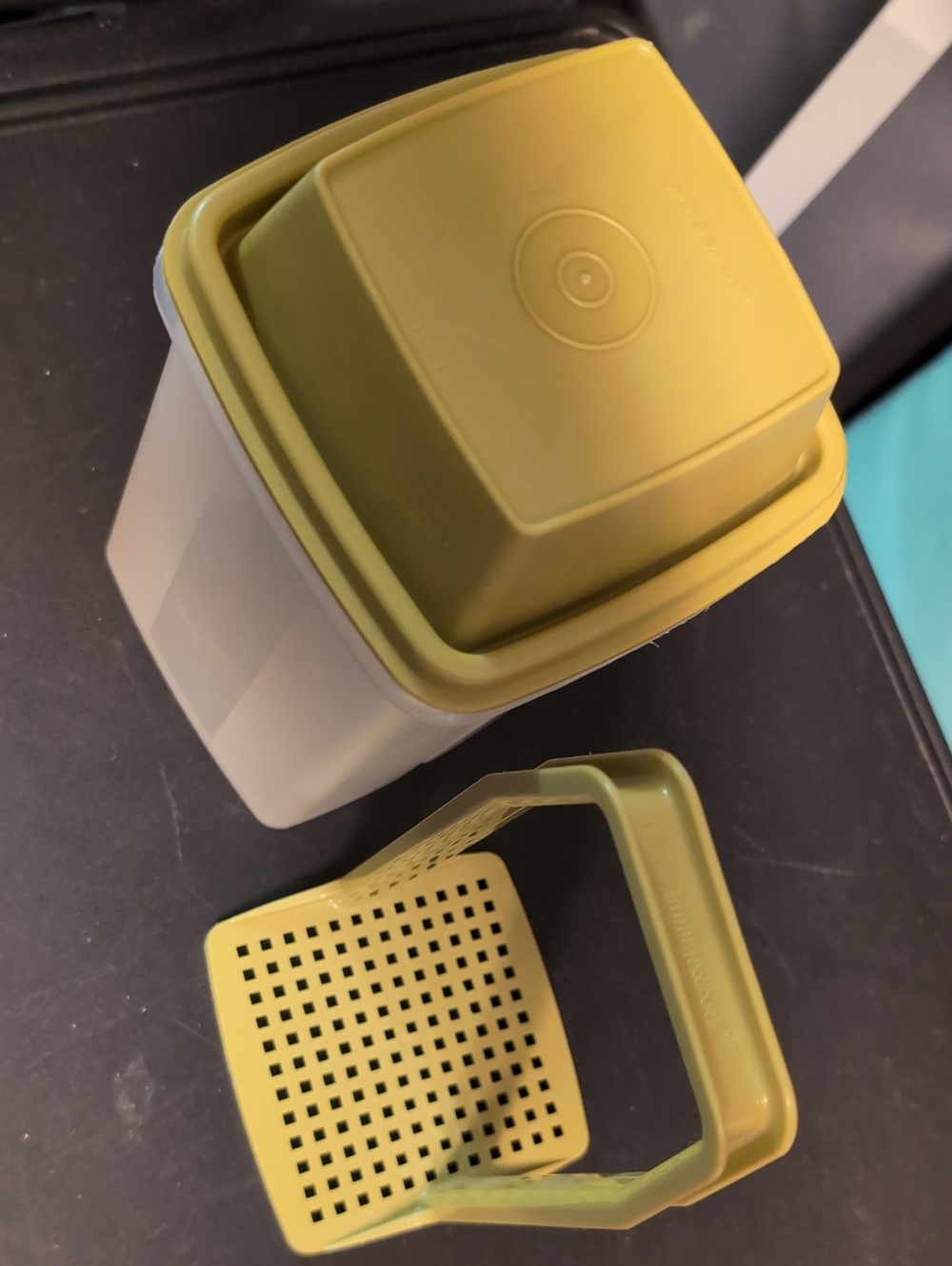 Tupperware White Container with Olive Green Lid and Strainer